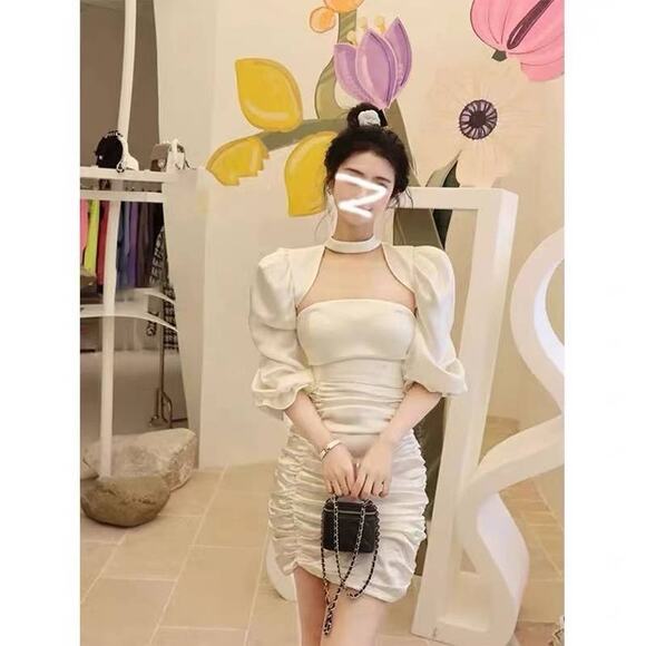 Women's Puff Sleeve White Mini Dress Set (S) - Picture 1 of 7